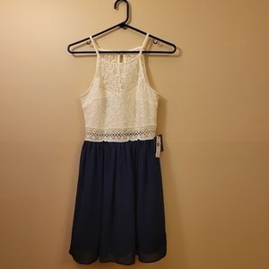 NWT By & By Dress Size 7 Off-White/Cream Lace and Navy.